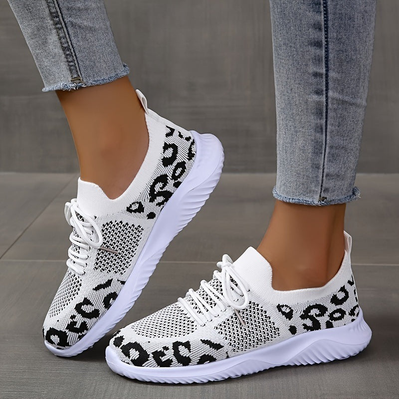 Women's White Leopard Print Lace-up Sneakers