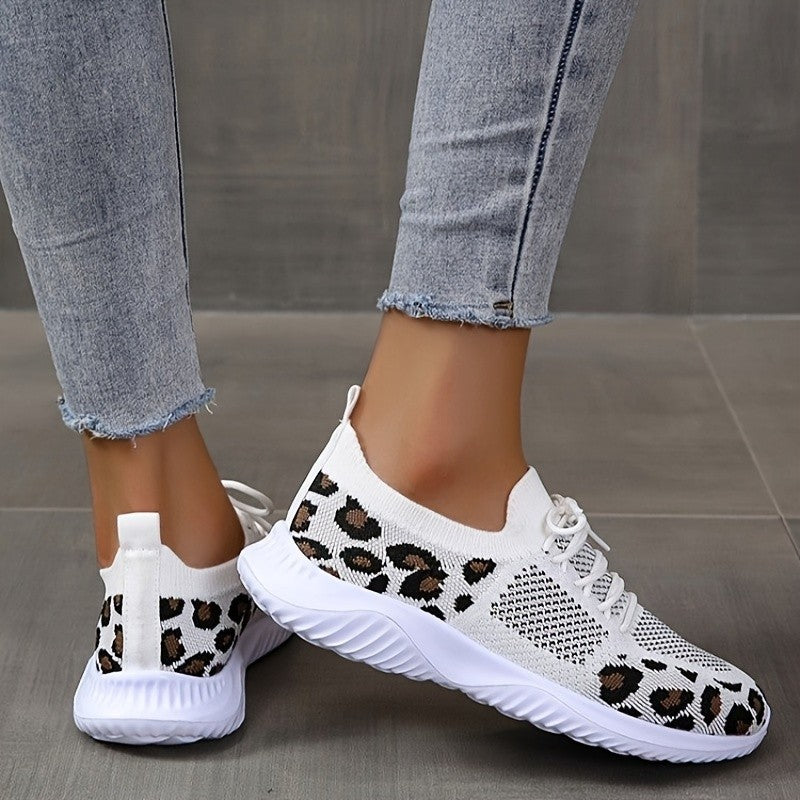 Women's White Leopard Print Lace-up Sneakers