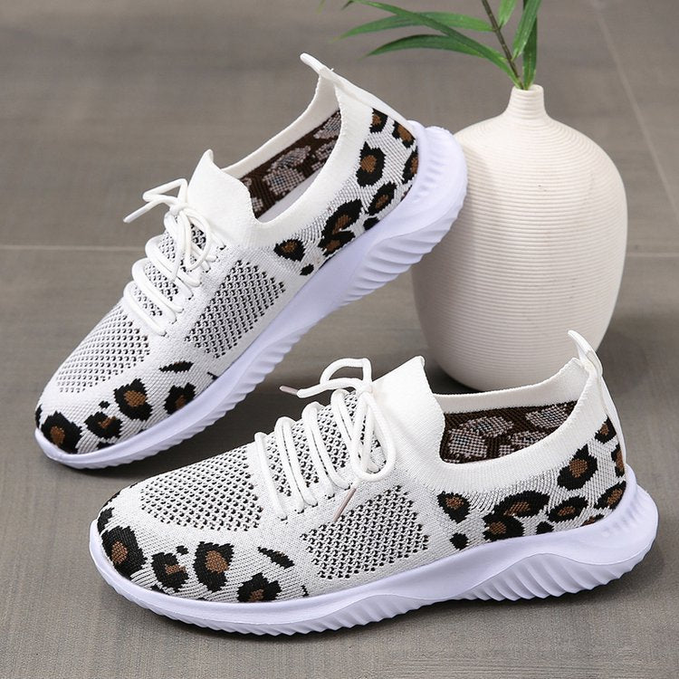 Women's White Leopard Print Lace-up Sneakers