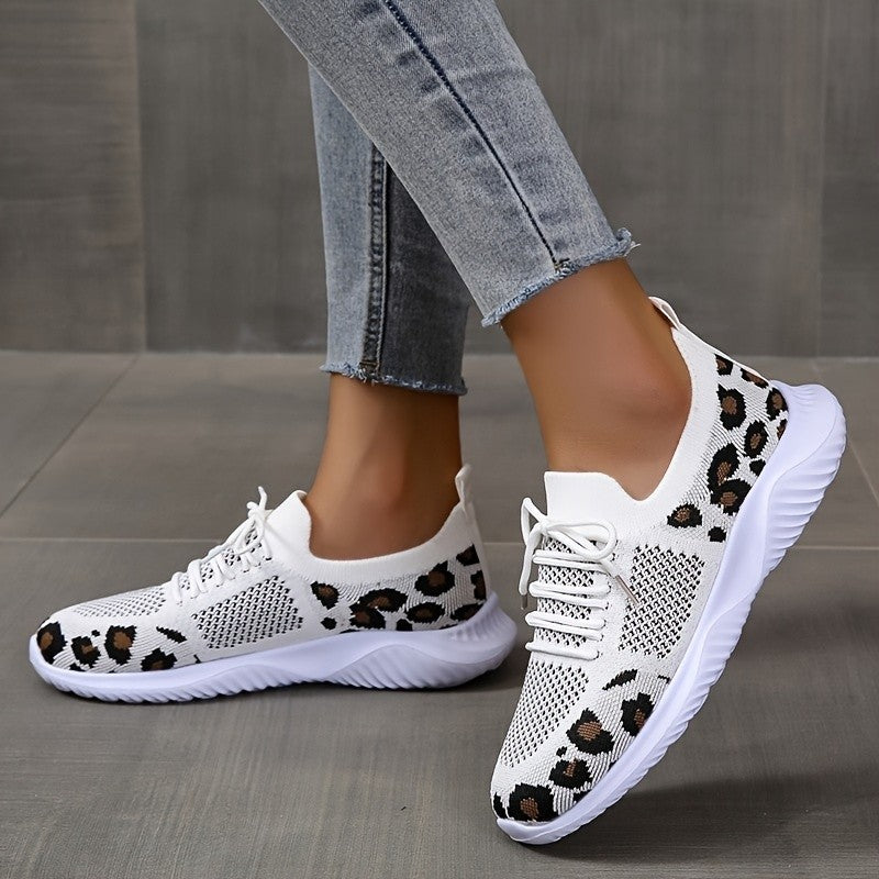 Women's White Leopard Print Lace-up Sneakers