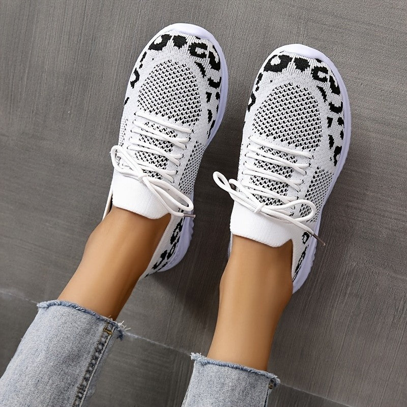 Women's White Leopard Print Lace-up Sneakers